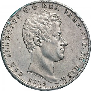 958D 5 lire 1839 Scudo sannitico 4° tipo Torino Argento