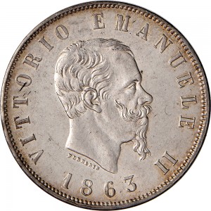 1179D 2 lire 1863 Valore su due rami di alloro 3° tipo Napoli Argento