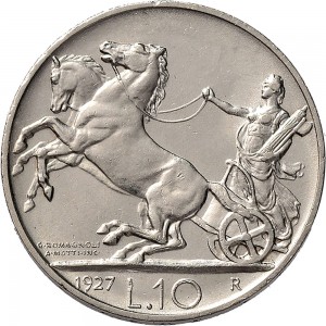 1364R 10 lire 1927 Italia su biga 1° tipo Roma Argento