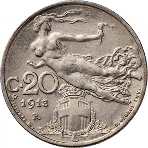 1478R 20 centesimi 1913 Libertà librata Roma Nichelio