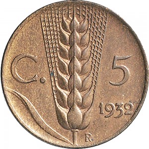 1542R 5 centesimi 1932 Spiga 2° tipo Roma Rame