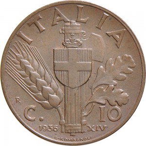 1657R 10 Centesimi 1936 XIV Scudo semirotondo 1° tipo Roma Rame