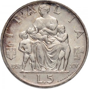 1600R 5 lire 1937 XIV Italia feconda Roma Argento