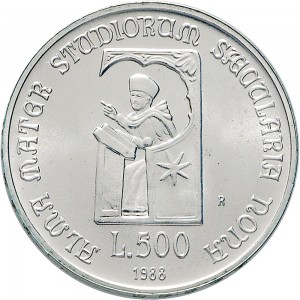 2432R 500 lire 1988 Università di Bologna Roma Argento