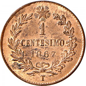 1243R 1 centesimo 1867 Valore entro semicorona di alloro e quercia Torino Rame