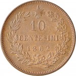 1211R 10 Centesimi 1862 Valore entro semicorona di alloro e quercia 2° tipo Parigi Rame