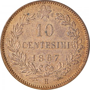 1219R 10 Centesimi 1867 Valore entro semicorona di alloro e quercia 2° tipo Birmingham Rame