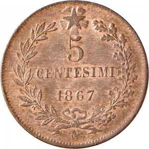 1231R 5 centesimi 1867 Valore entro semicorona di alloro e quercia Napoli Rame