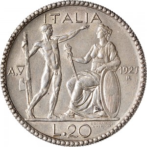 1345R 20 lire 1927 V Giovane e Italia genitrice 1° tipo Roma Argento