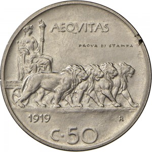 2626R 50 centesimi 1919 Giustizia su quadriga di leoni 1° tipo Roma Nichelio Prova