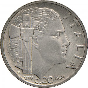 1644R 20 centesimi 1936 XIV Italia fascista 1° tipo Roma Nichelio